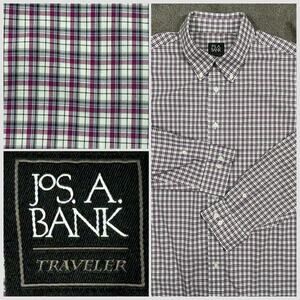 Jos A Banks MenXL Traveler Cotton Red Gray Plaid Tailored Fit Long Sleeve Shirt